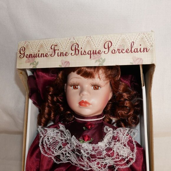 Dan Dee Fine Bisque Porcelain Doll In Burgundy Dress With Lace & Bow LE NIB - Picture 3 of 11